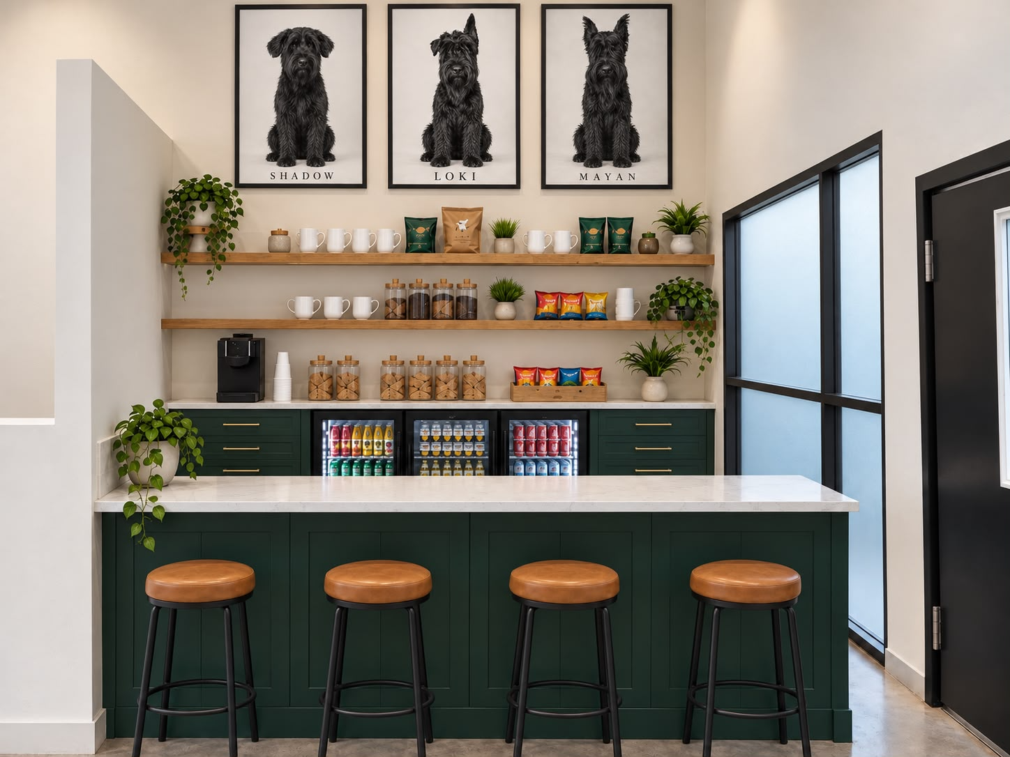 The café and lounge at The Bathhouse RGV, with a green marble-top counter, leather barstools, drink fridges, and framed dog portraits