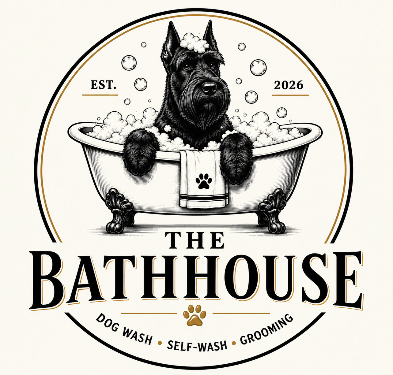 The Bathhouse RGV crest: a black terrier sitting in a clawfoot tub full of soap suds, ringed by THE BATHHOUSE, EST. 2026, and Dog Wash, Self-Wash, Grooming