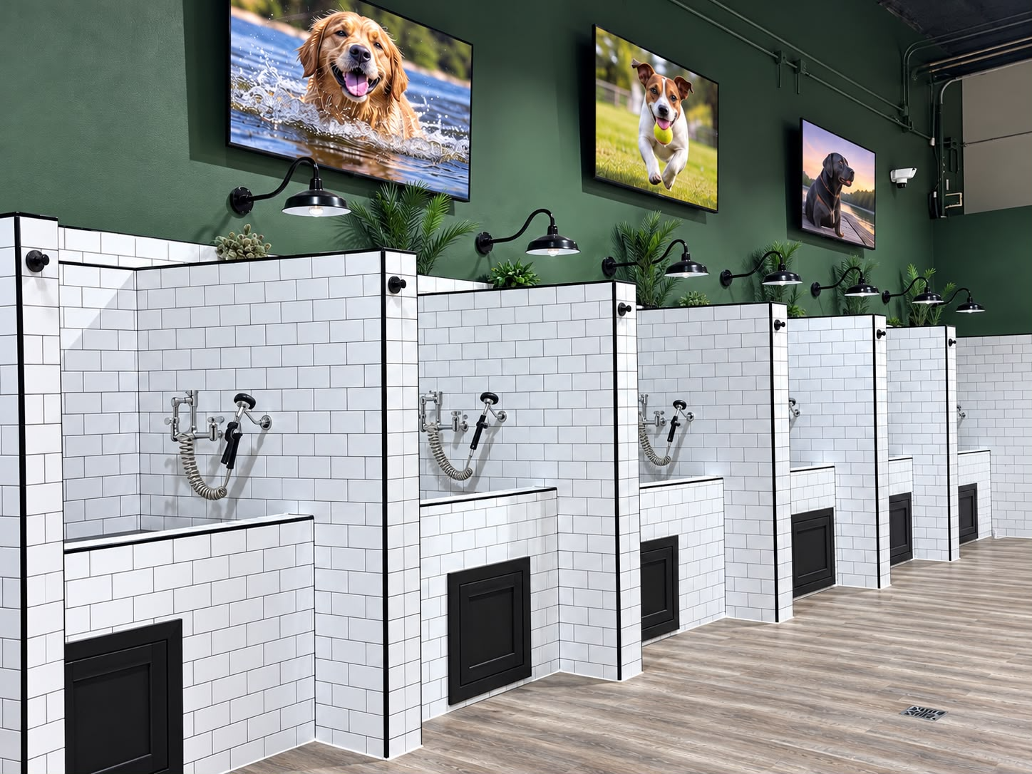 A row of self-serve dog wash stations at The Bathhouse RGV, with tiled tubs, spray wands, and wall lights