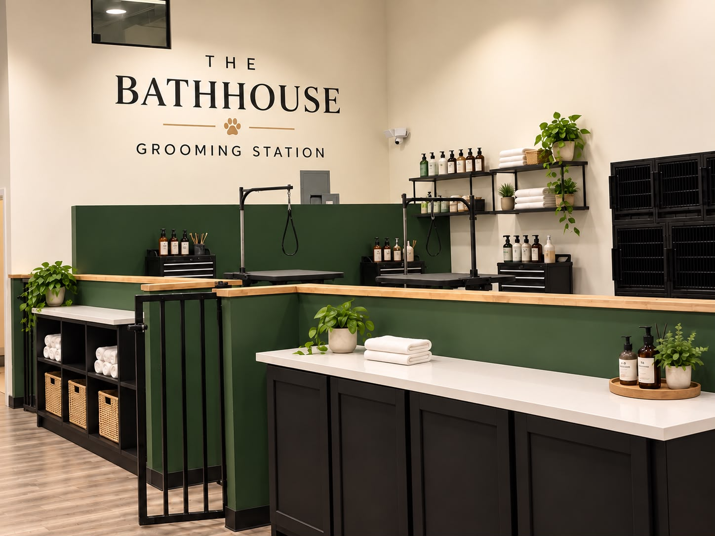 The Bathhouse RGV grooming station with two grooming tables, green half-walls, and stocked towels
