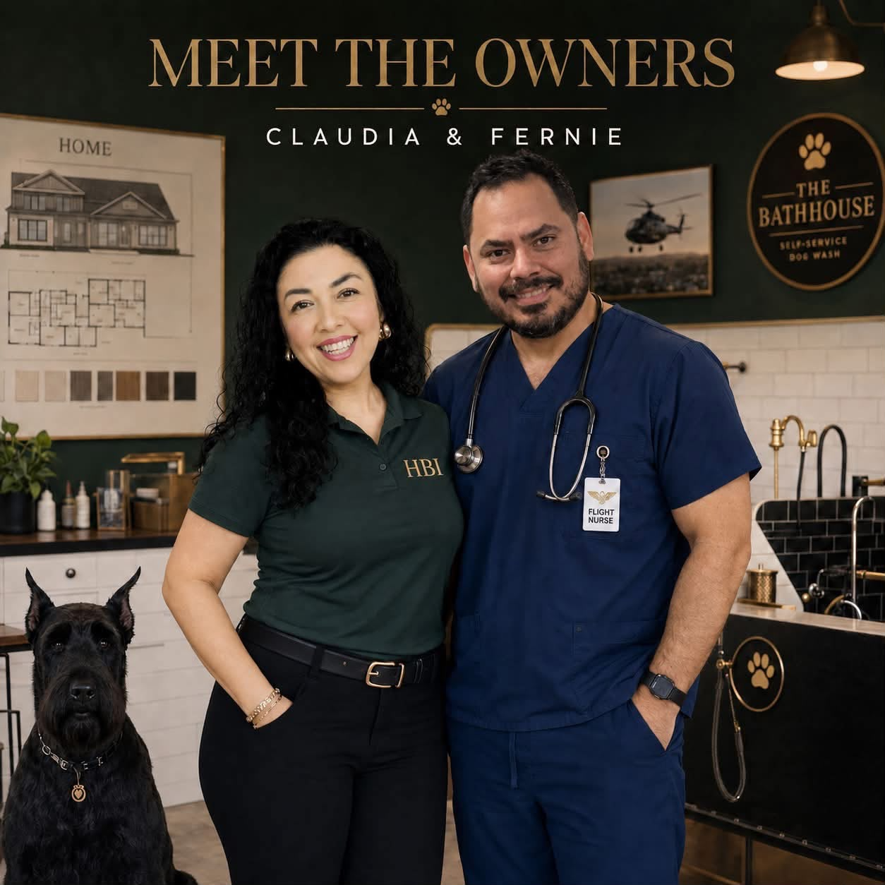 Claudia and Fernie, the owners of The Bathhouse RGV, together with their dog inside the shop